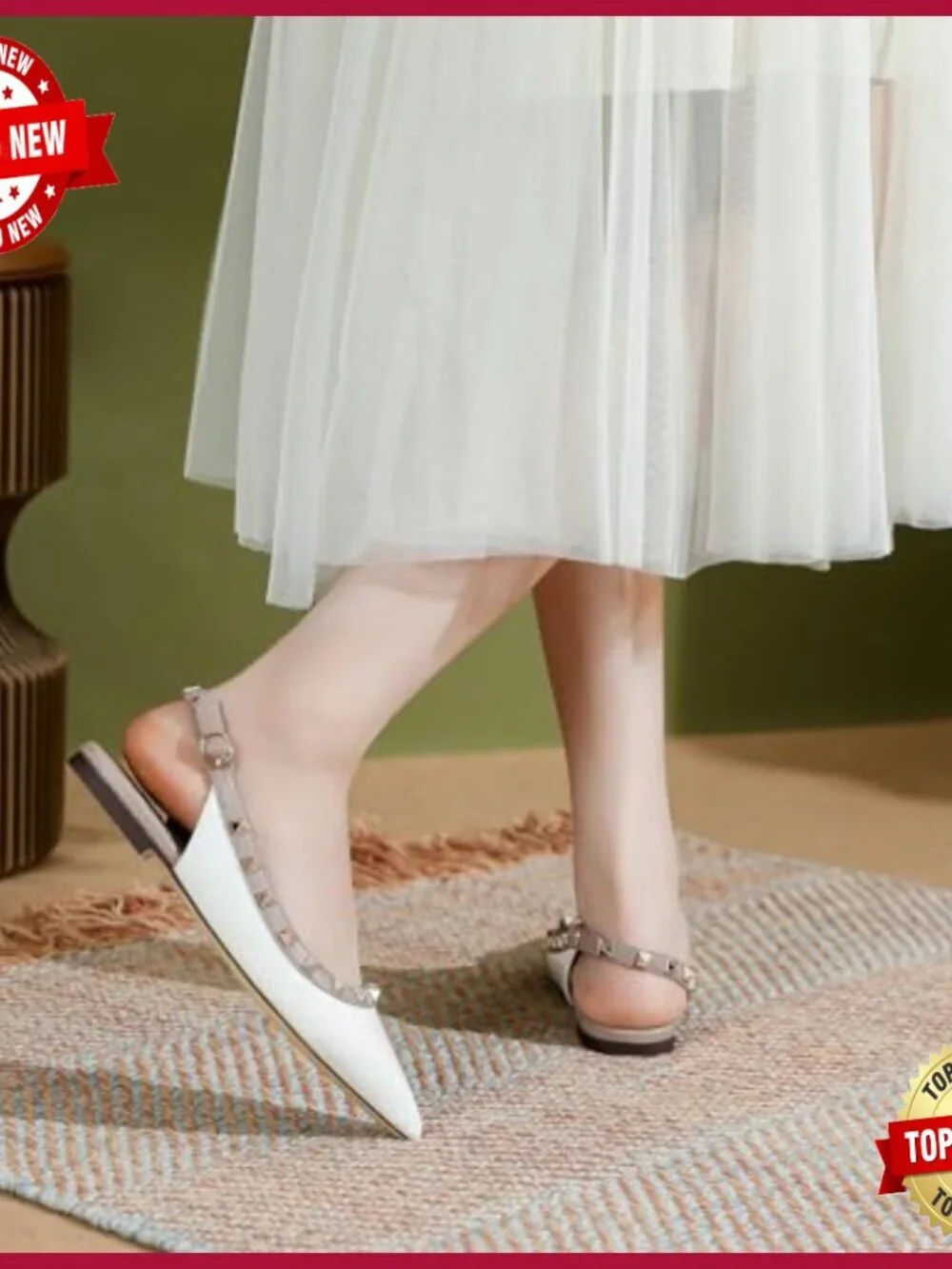 Pointed Toe Slingback Flats with Rivets Buckle